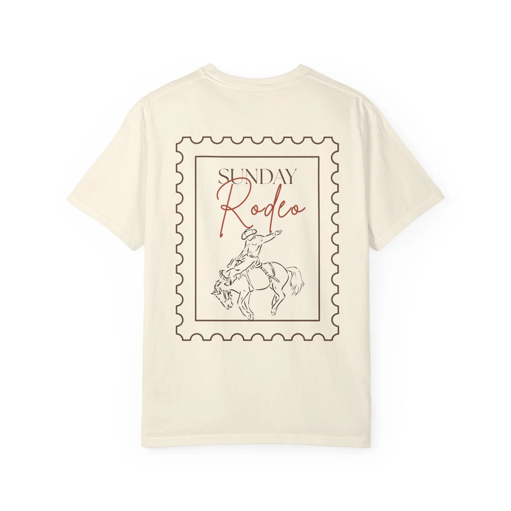 Sunday Rodeo stamp stampback T-Shirt | cowboy line art, script logo