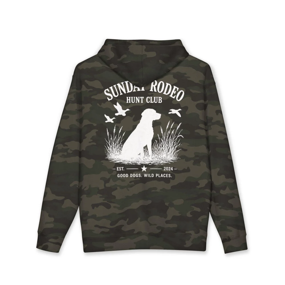 Sunday Rodeo Hunt Club camo Hoodie | hunting dog silhouette, ducks, marsh scene