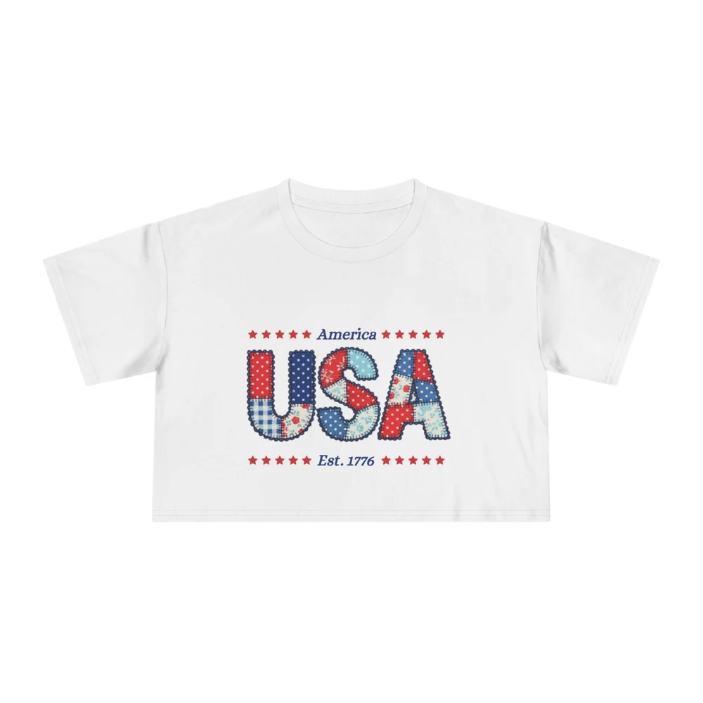 USA Patchwork Flag Tee | Crop Top, Patriotic Fourth of July Shirt