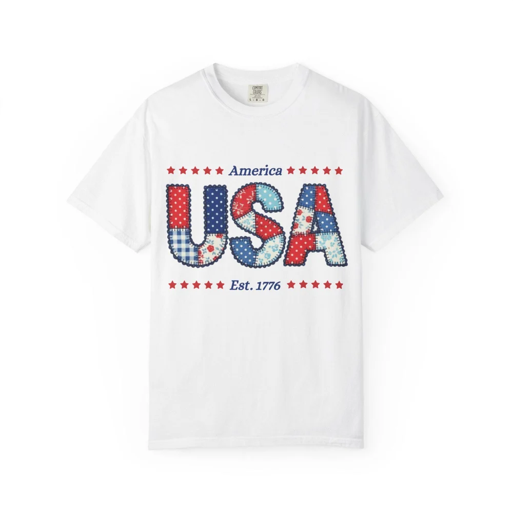 USA Patchwork Patriotic T-Shirt | America Est. 1776, Stars & Stripes