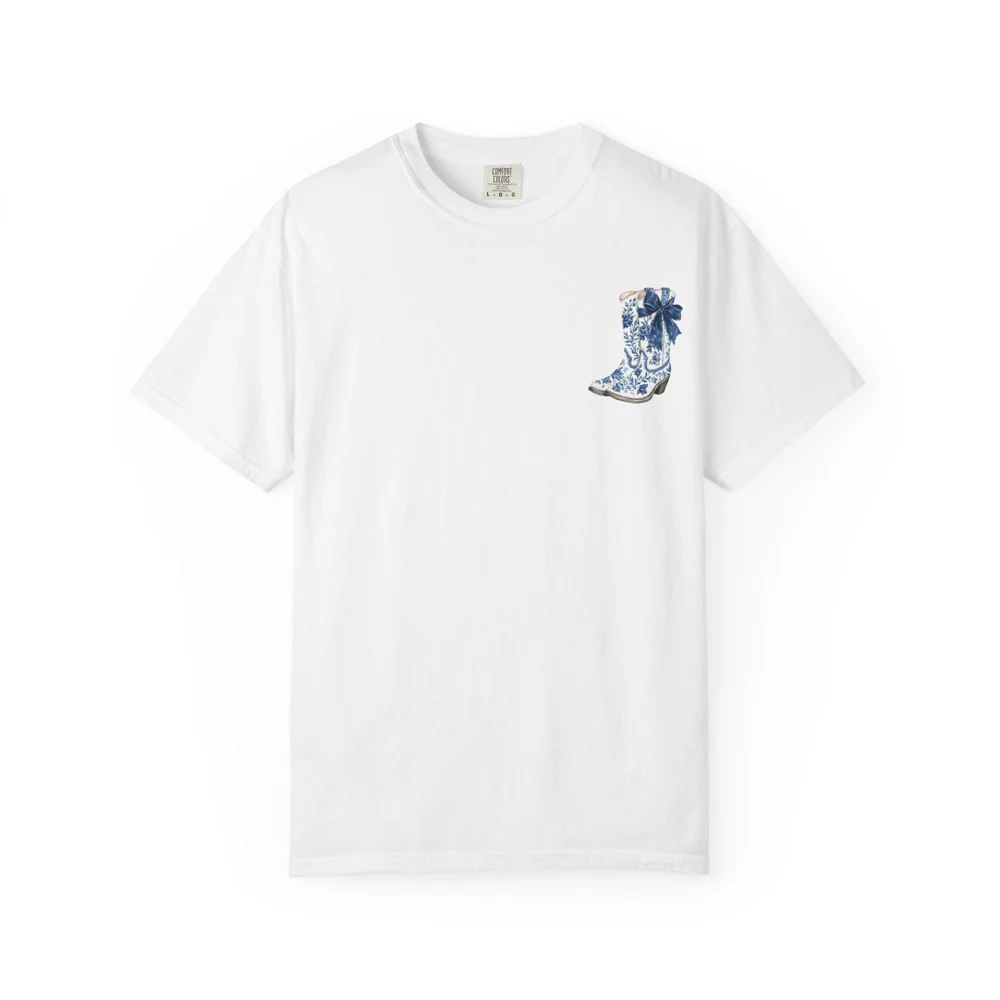 Blue Floral Cowboy Boot T-Shirt | Americana Patriotic Design