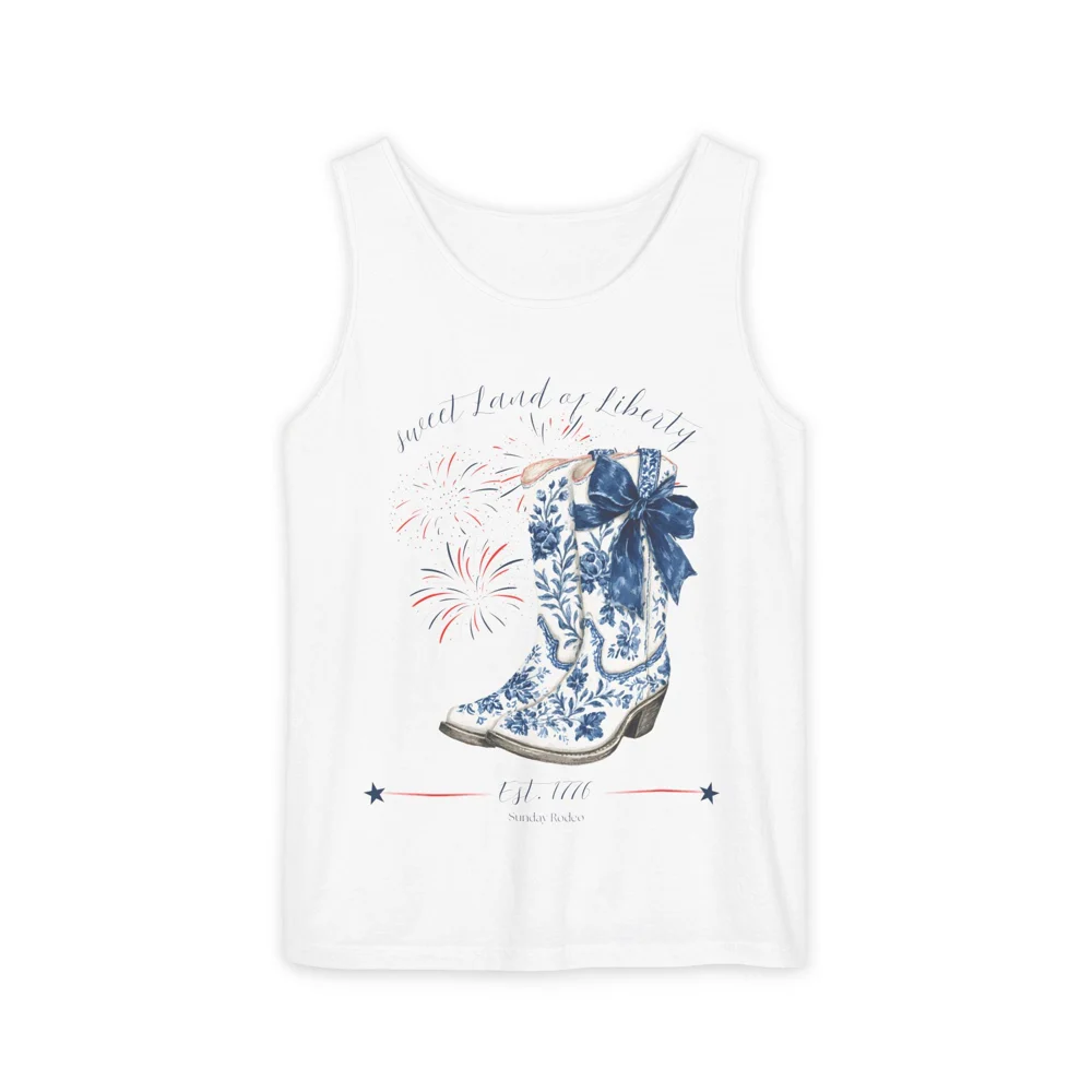 Blue Floral Cowboy Boot tank top | patriotic fireworks July 4th