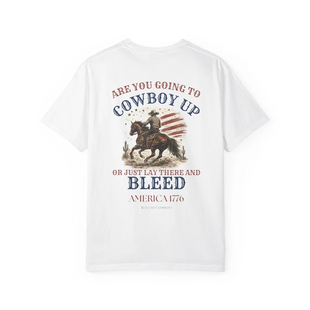 Cowboy Up Graphic T-shirt | Patriotic Western Rider, American Flag