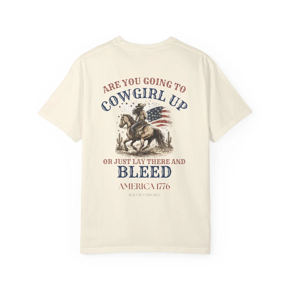 Cowgirl Up Graphic T-shirt | Patriotic Horse Rider Vintage America 1776