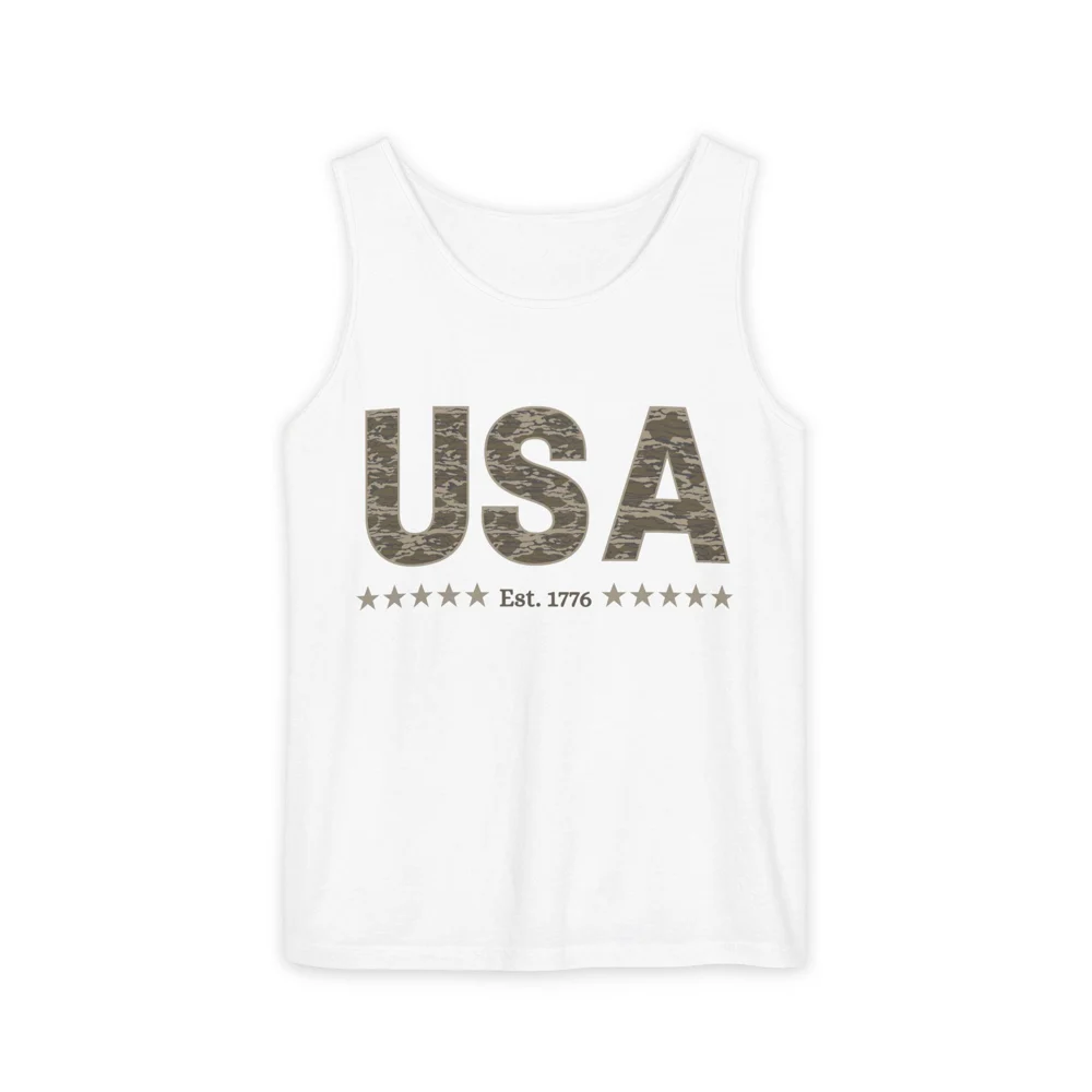 USA Bottomland Camo Text Tank Top | Est. 1776 Patriotic Tee