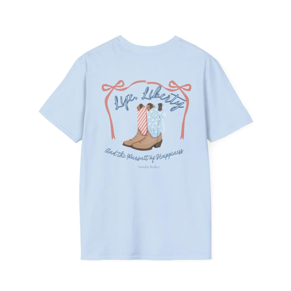 Life, Liberty & The Pursuit of Happiness Cowboy Boots with Ribbon T-Shirt | Western Boot Illustration