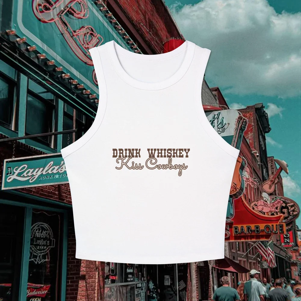 Drink Whiskey Kiss Cowboys Tank Top | Western Script Retro Typography