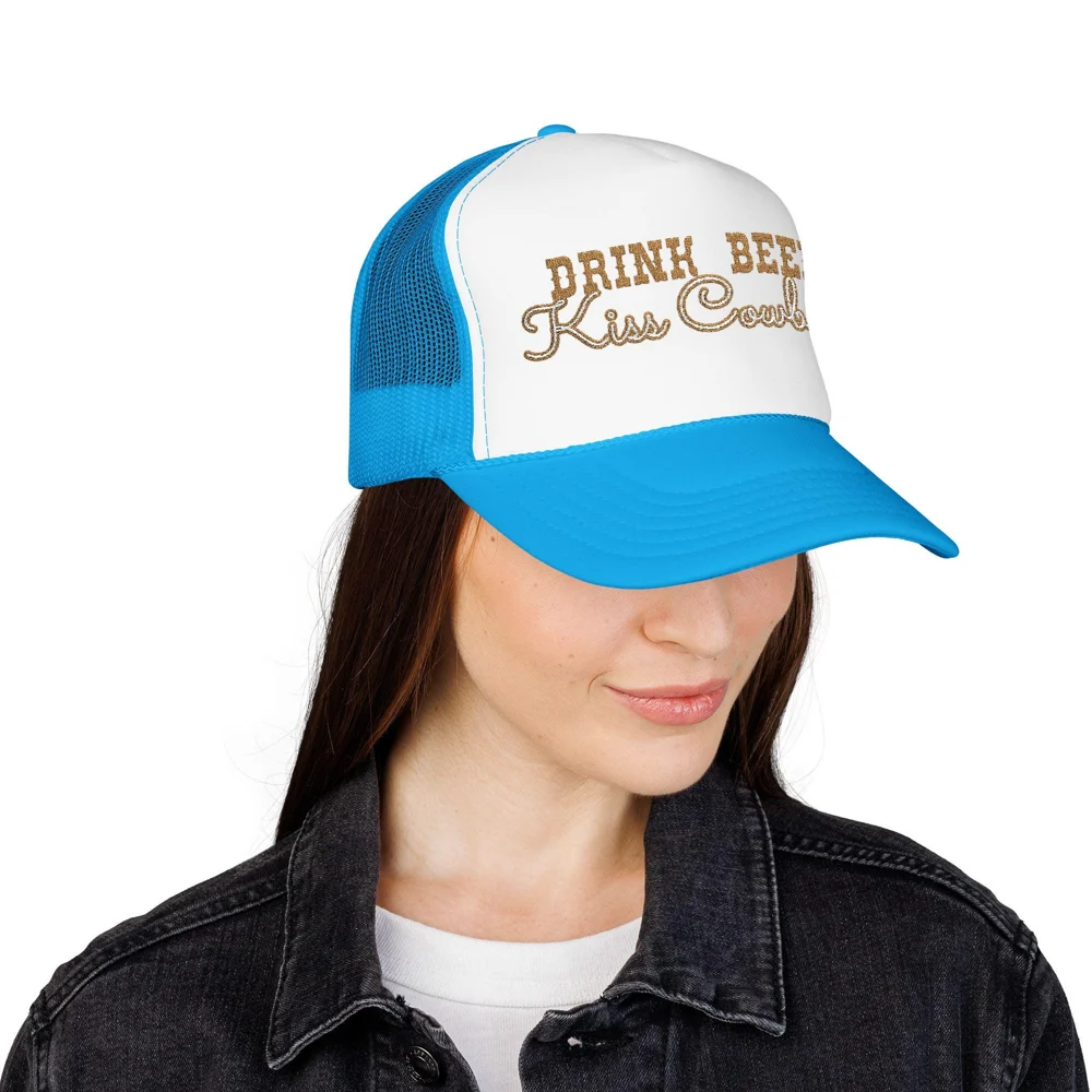 Drink Beer Kiss Cowboys Foam Trucker Hat | Western Rhinestone Script