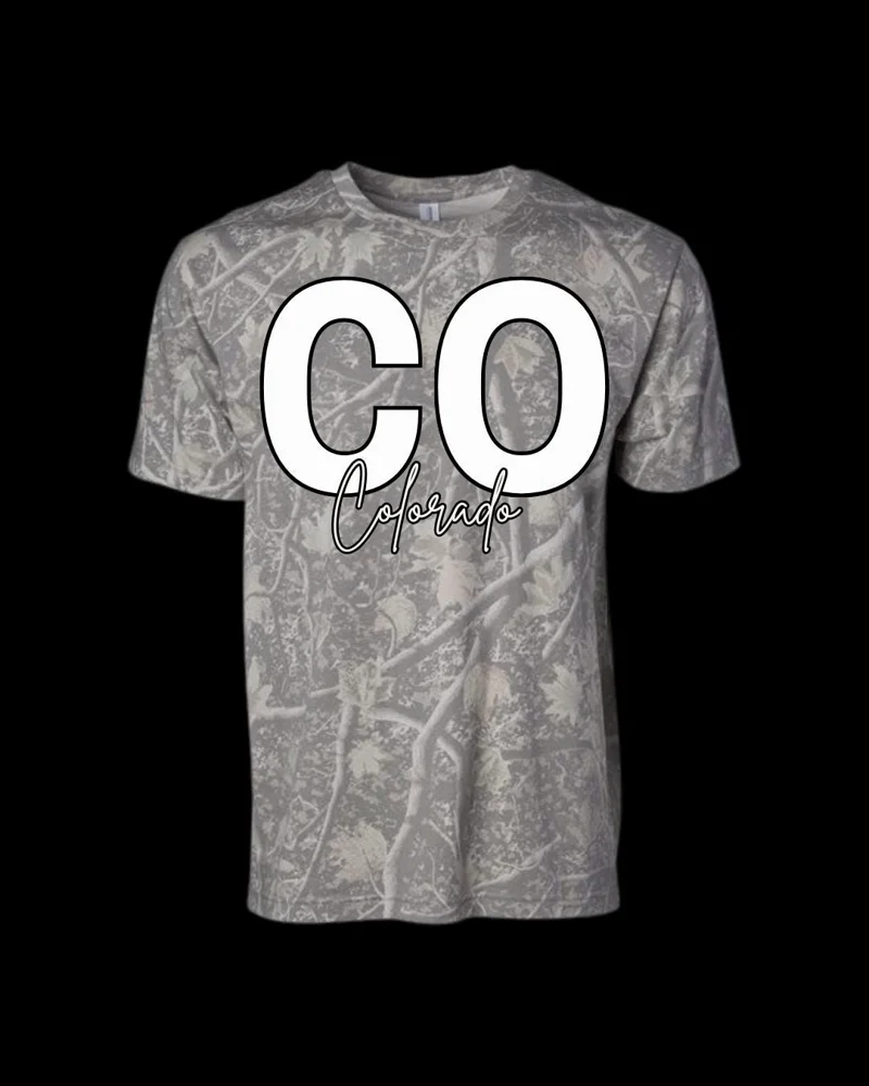Colorado CO Script Logo Camo T-Shirt | State Abbreviation Tee