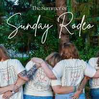 Friends wearing Sunday Rodeo graphic tees together outdoors
